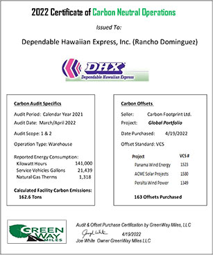 Certificate of Carbon Neutral Operations for DGX warehouses