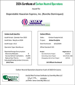 Certificate of Carbon Neutral Operations for DGX warehouses